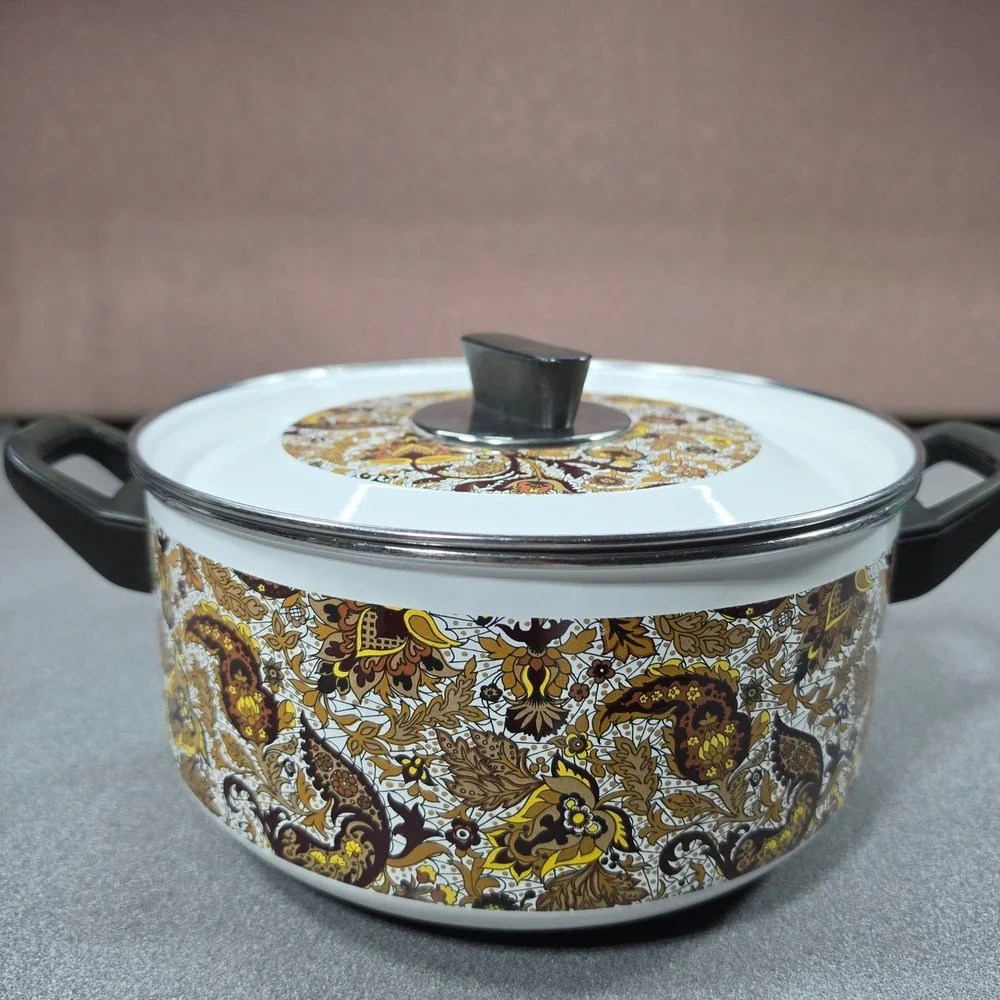 Vintage Fancipans‎ Enamelware Stockpot Set 2pc Brown Gold Paisley Floral 70s